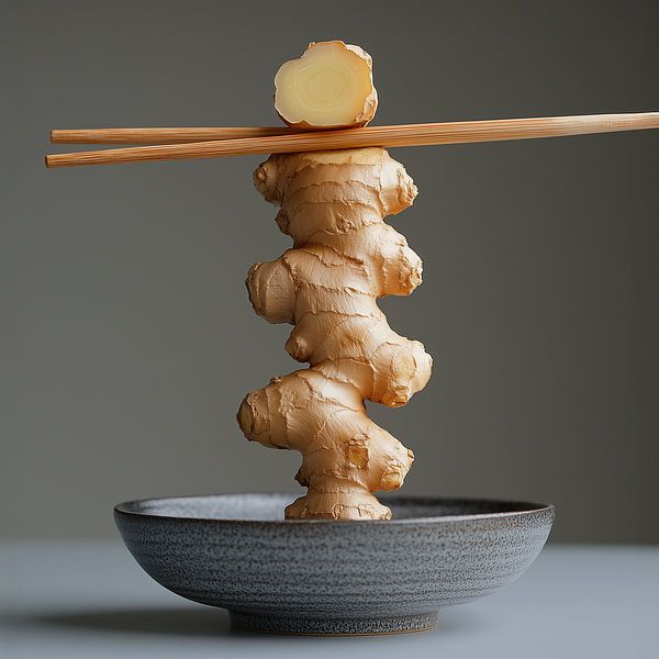 Balancierendes Stück Ingwer | Ingwer in einer Schale mit Sushi-Stäbchen von Sander van der Torren