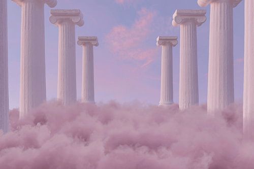 Ionische zuilen boven roze wolken