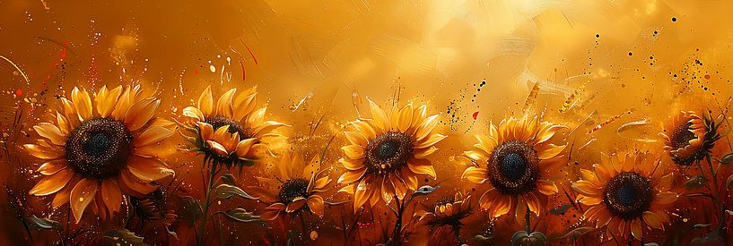 Abstracte gouden zonnebloemen met dynamische artistieke fakkels van Poster Art Shop