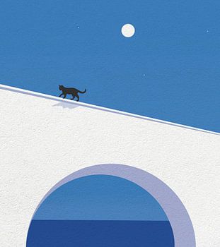 Minimal Art Illustration einer niedlichen Katze beim Überqueren einer Brücke