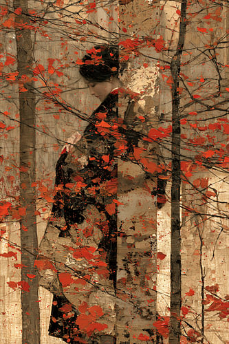 Automne oriental - Portrait évocateur d'une femme en kimono avec des bambous