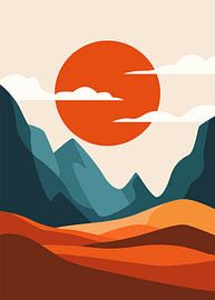 Minimalist sharp mountain peaks and rolling hills under a vibrant setting sun