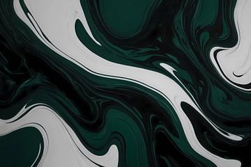 Art fluide abstrait en noir, blanc et vert sur De Muurdecoratie