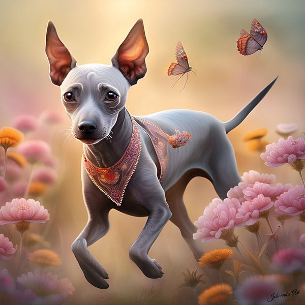 American Hairless Terrier Playing in a Flowerfield by Johannas Art Creations