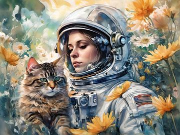 Astronaut mit Katze in Blumenwiese von Retrotimes