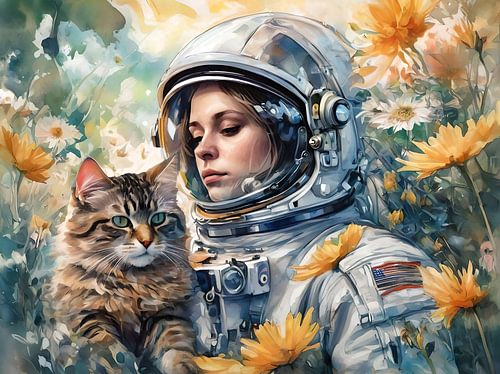 Astronaut with cat in flower meadow