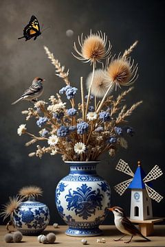Stilleven met bloemen en Delfts blauwe bloemenvaas Digitale kunst in Oude Meesters stijl– Twee Vogeltjes en een Vlinder in Harmonie van Kleurenrijk