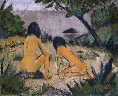 Zittende en knielende figuren aan de oever van de Moritzburgse meren, Otto Mueller.