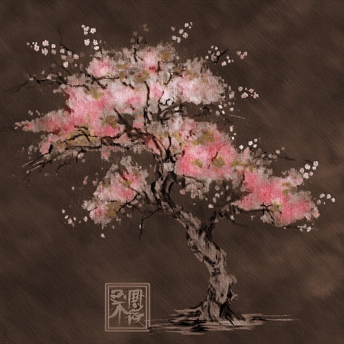 Japanse stijl: Roze Bloesemboom op Donkerbruine achtergrond