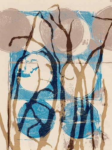 Échos floraux. Art botanique abstrait. Herbe en beige, bleu et taupe.
