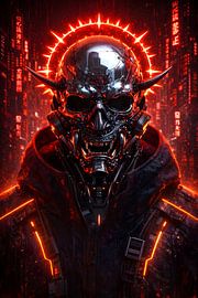 Rote Cyberpunk-Oni-Maske – Dämon-Samurai – Sci-Fi-Kunst von Faheem Beigh