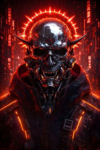 Rote Cyberpunk-Oni-Maske – Dämon-Samurai – Sci-Fi-Kunst