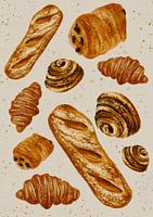 Französische Brötchen Aquarellmuster – Bäckereikunst in Aquarell