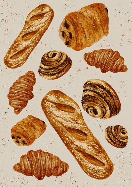 Franse Broodjes Waterverf Patroon – Bakkerskunst in Aquarel van Atelier Nadine