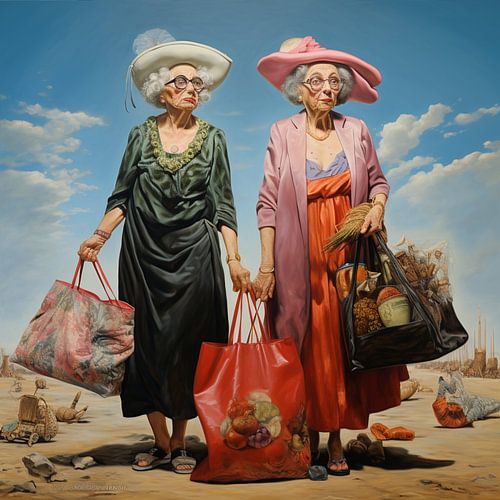 twee oudere dames winkelen wachten carpool woestijn surrealistische