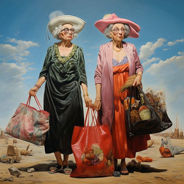 two elderly ladies shopping waiting carpool desert surreal by gm_designs
