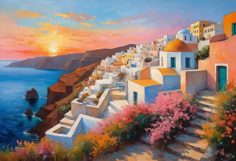 Coucher de soleil sur le village d'Oia à Santorin par MIROKKU