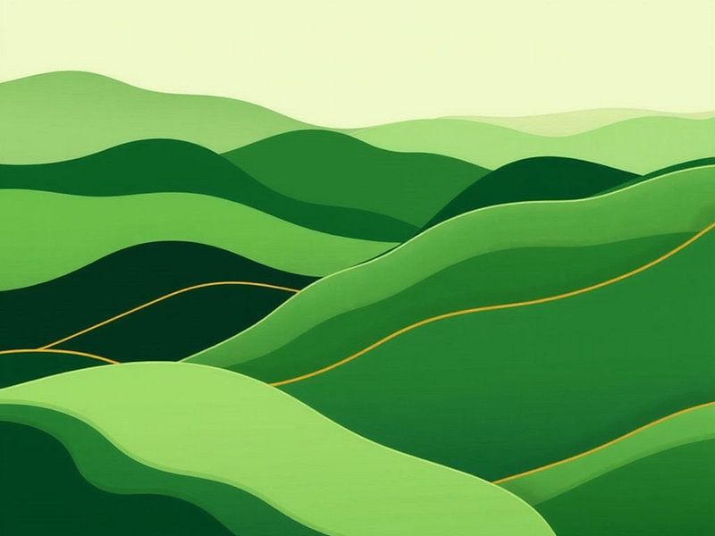 Un voyage verdoyant à travers les collines : Un paysage moderne et minimaliste de crêtes vertes sereines avec des sentiers dorés par Artistic