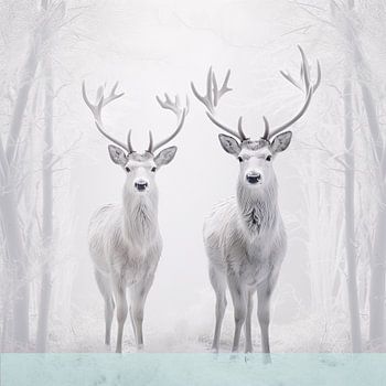Two deer in snowy winter forest