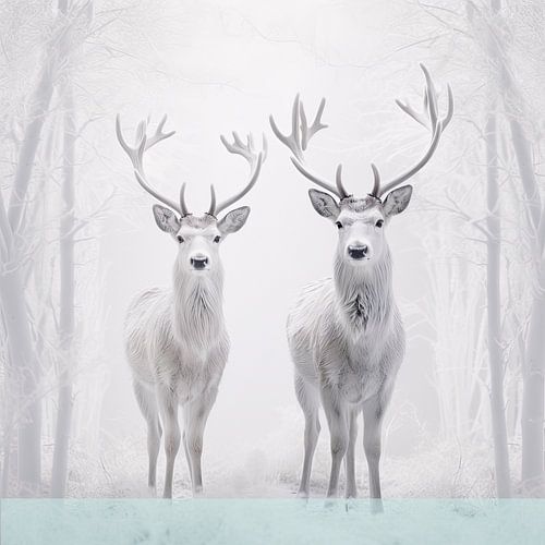 Two deer in snowy winter forest