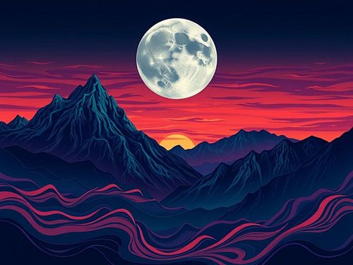 Karmijnrode zonsondergang boven mystieke bergen met een lichtgevende volle maan