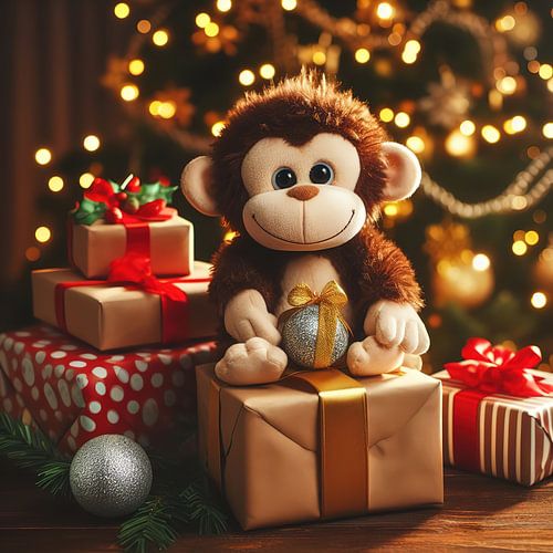 Cute monkey on a Christmas gift