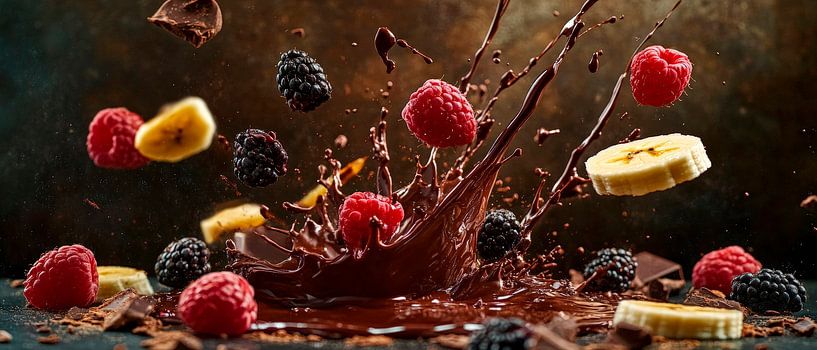 Fruitige chocolade splash in actie van Poster Art Shop
