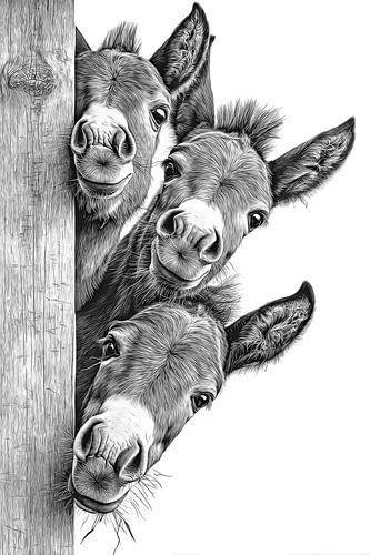 Drei Esel spähen durch die Scheunentür Vintage-Strichzeichnung