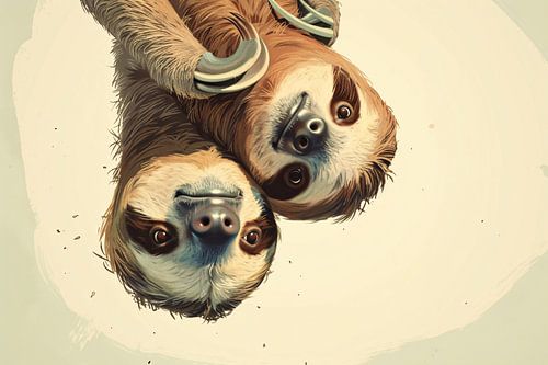 D'adorables paresseux suspendus ensemble à l'envers