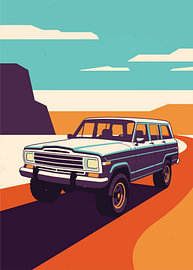 Affiche rétro représentant une Jeep Wagoneer classique roulant sur une route dans un canyon désertique