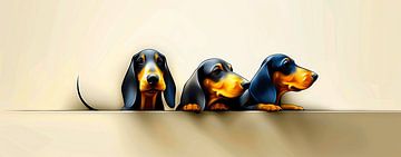 3 Dachshunds look over a wall by Karina Brouwer