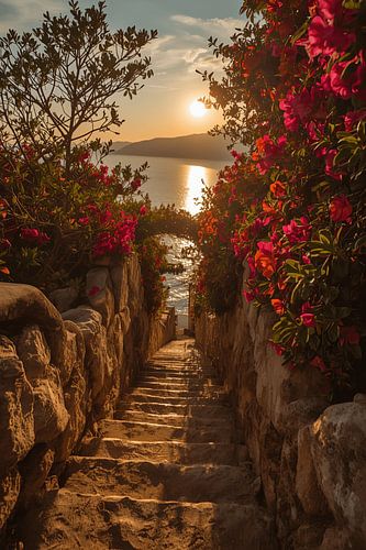 Stenen trap met bloemen die leidt naar uitzicht op zee bij zonsondergang