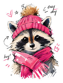 Une journée douillette : un adorable raton laveur avec un bonnet d'hiver et une écharpe « & » – Illustration dessinée à la main