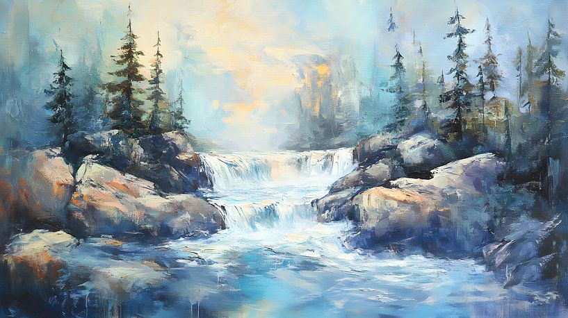 abstract bos, rivier en bergen olieverf van Jan Bechtum