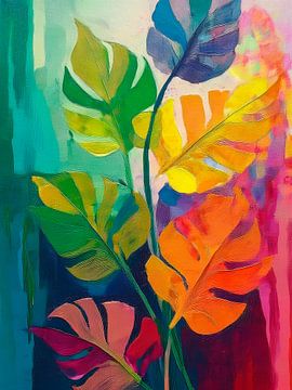 Abstrakte farbenfrohe botanische Kunst: Mehrfarbige Monstera