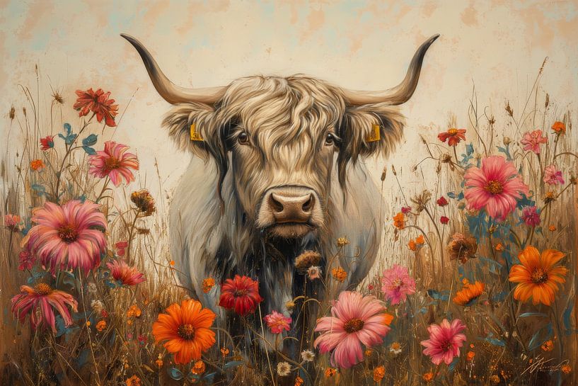 Schottischer Highlander im Blumenmeer - Robuste Schönheit in der Natur von Eva Lee