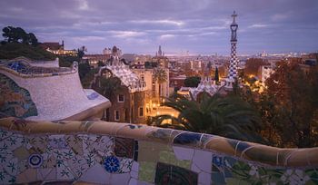 Sunrise magic at Park Guell with vibrant colors in Barcelona, Ca