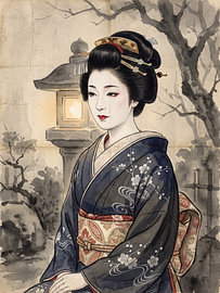 Une élégante geisha de l'époque d'Edo sous des lanternes anciennes sur my pixel art