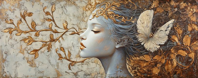 Serene Woman | Golden Leaf Butterfly by ARTEO Paintings