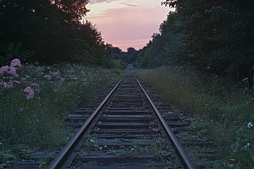 Verlaten spoorweg in zonsondergang van Art & Soul Creations