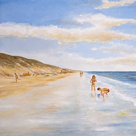 Enfants jouant sur la plage. Aquarelle sur papier sur Galerie Ringoot