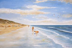 Kinder spielen am Strand. Aquarell auf Papier