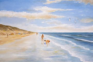 Spelende kinderen op het strand. Aquarel op papier van Galerie Ringoot