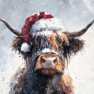 Schottischer Highlander Winterporträt mit Weihnachtsmannmütze