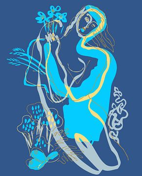 Aqua Blaue Frau mit Blumen von Mad Dog Art