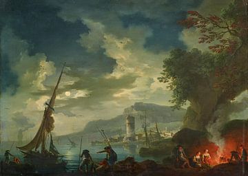 Een maanverlichte zeehaven met figuren, Claude Joseph Vernet