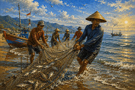 Traditional Fishermen at Sunrise by Vínculae