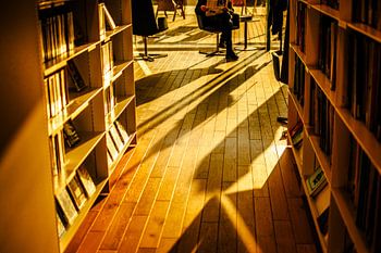 Bibliothek im Sonnenlicht – Holzfußboden & lange Schatten | gemütliche Lesekunst