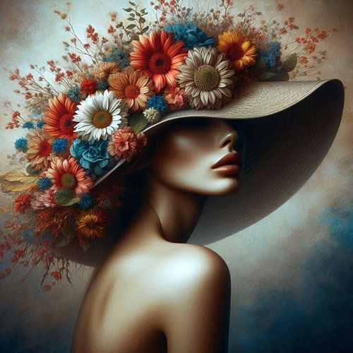 portret van een vrouw met een hoed en bloemen