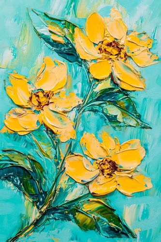 Gele bloemen in een turquoise droom
